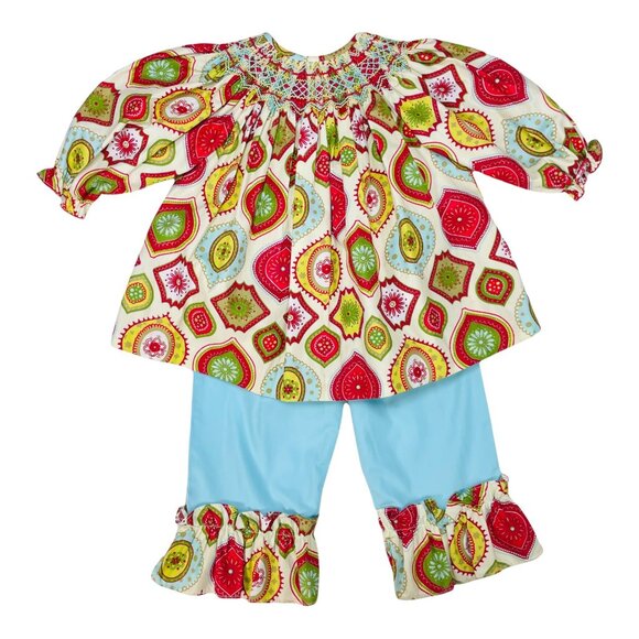 Le Za Me Funky Winter Print Smocked Top + Ruffle Pants Matching Set Outfit 24m - Picture 1 of 7